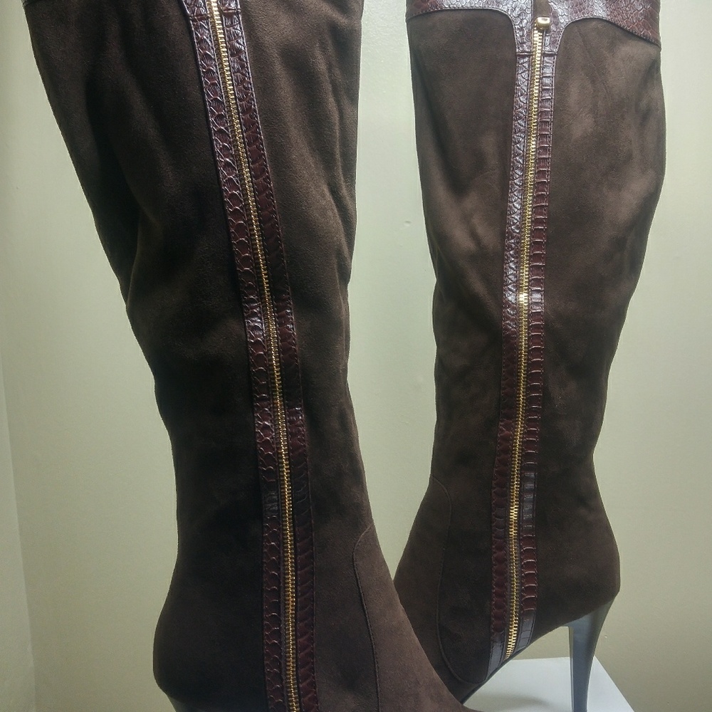 Suede chocolate knee high boots by Midnight Velvet
